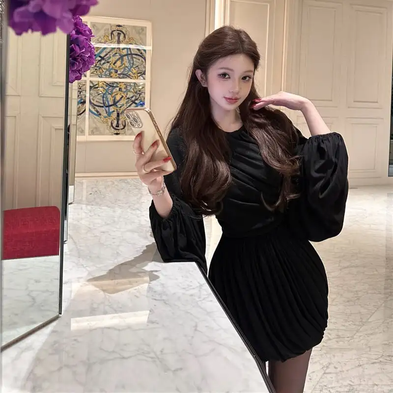 2colors ランタンスリーブ ワンピース ドレープ ブラック ホワイト