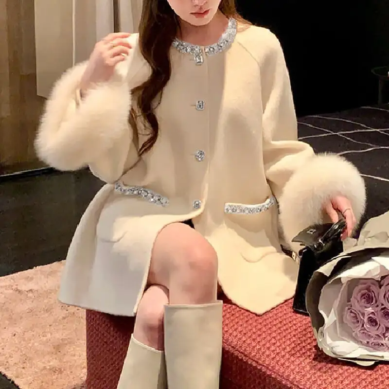 アウター コート 3色展開 シングルブレスト ラインストーン ベージュ グレー ブラック