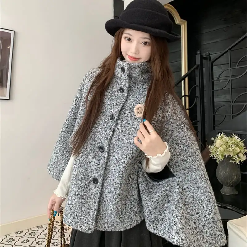 アウター 2色展開 ケープコート ハイネック 大人可愛い ベージュ グレー