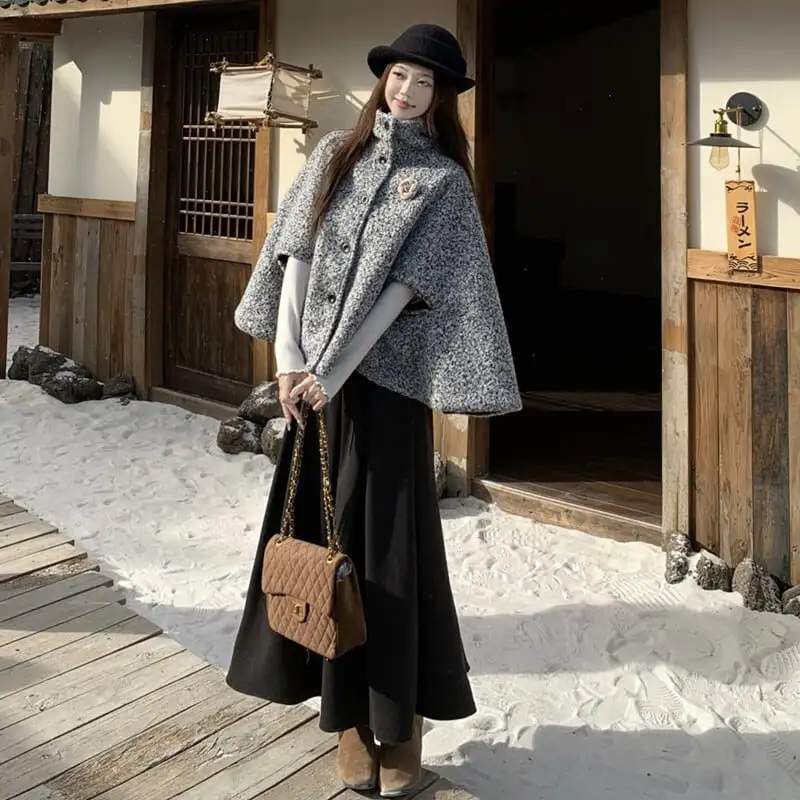 アウター 2色展開 ケープコート ハイネック 大人可愛い ベージュ グレー