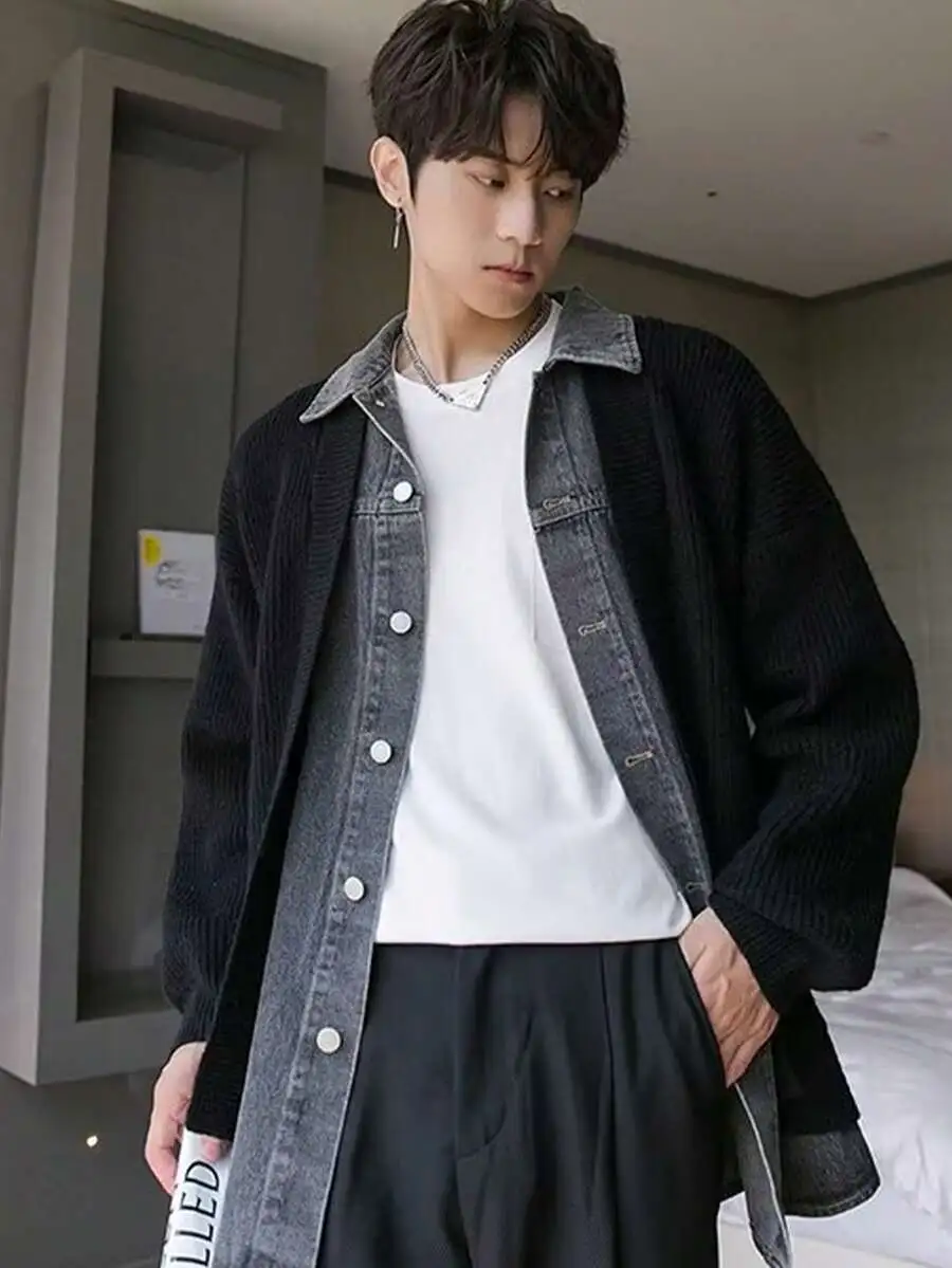 デニム切り替え ニットカーディガン メンズ 長袖 ゆったり ジャケット