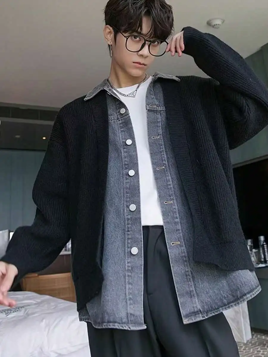 デニム切り替え ニットカーディガン メンズ 長袖 ゆったり ジャケット