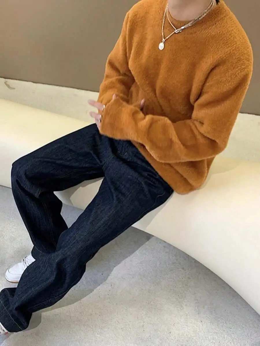 リラックス ニット オーバーサイズ カジュアル 無地 柔らかい ラウンドネック プルオーバー セーター