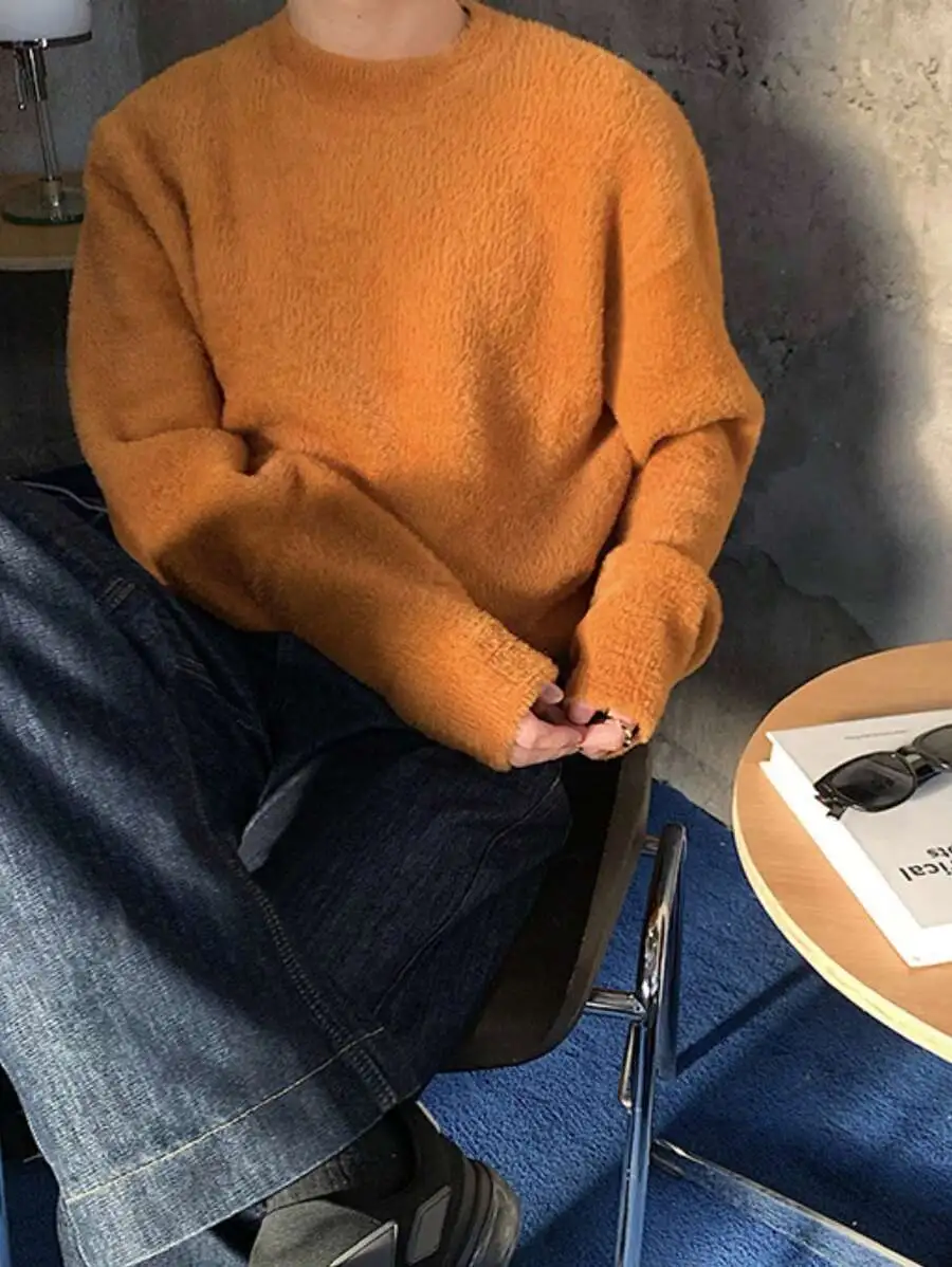 リラックス ニット オーバーサイズ カジュアル 無地 柔らかい ラウンドネック プルオーバー セーター