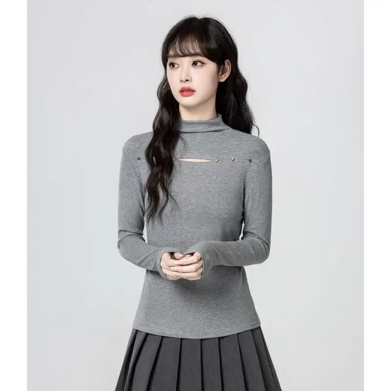 クルーネック 薄手 長袖 気質溢れる グレー 薄手 トップス