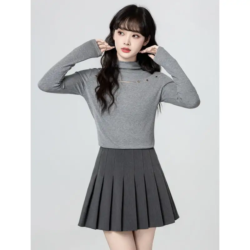 クルーネック 薄手 長袖 気質溢れる グレー 薄手 トップス