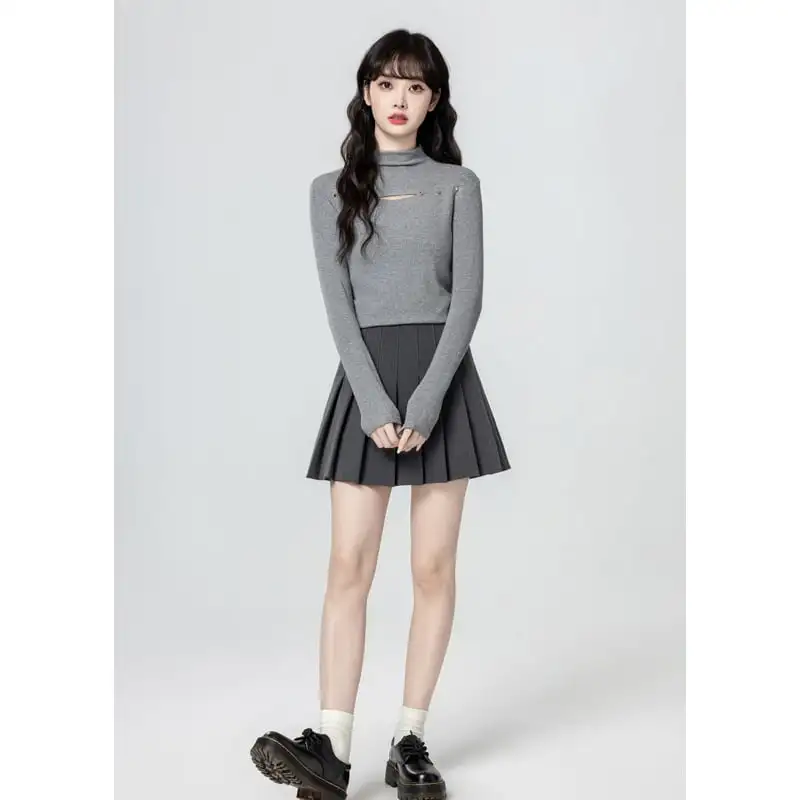 クルーネック 薄手 長袖 気質溢れる グレー 薄手 トップス