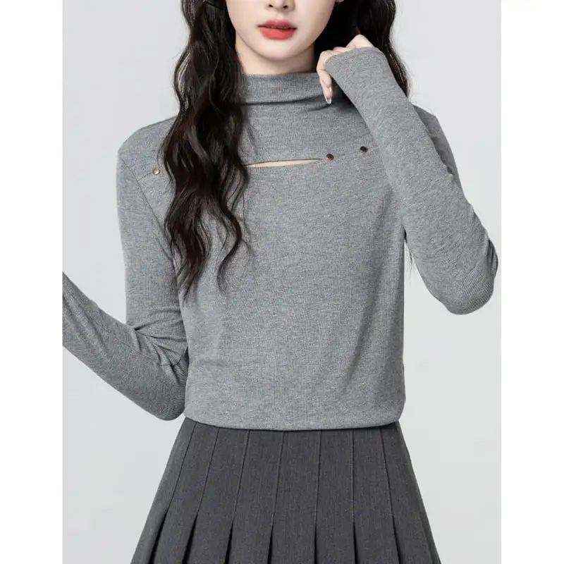 クルーネック 薄手 長袖 気質溢れる グレー 薄手 トップス