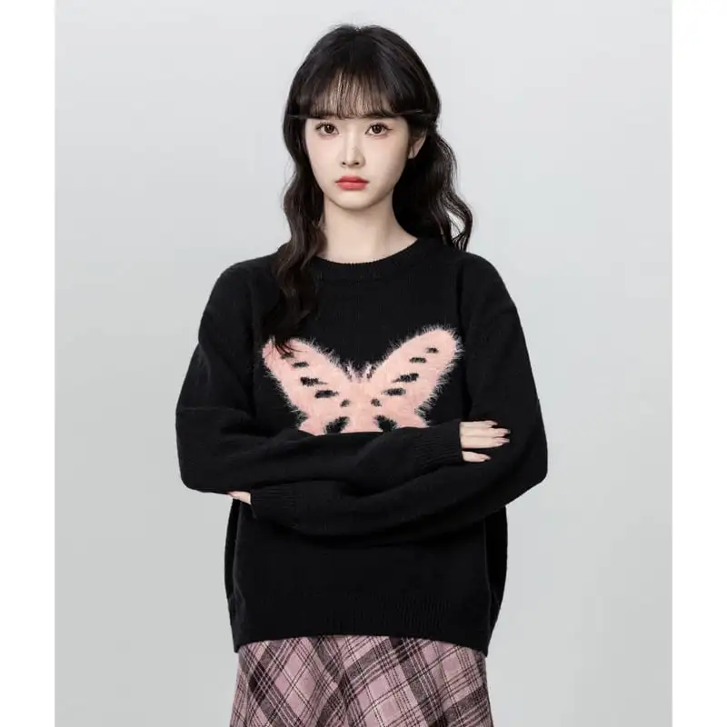 蝶々モチーフ クルーネック 長袖 ブラック ニットセーター