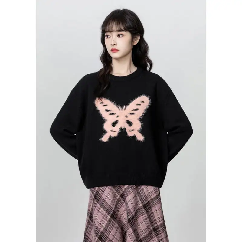蝶々モチーフ クルーネック 長袖 ブラック ニットセーター