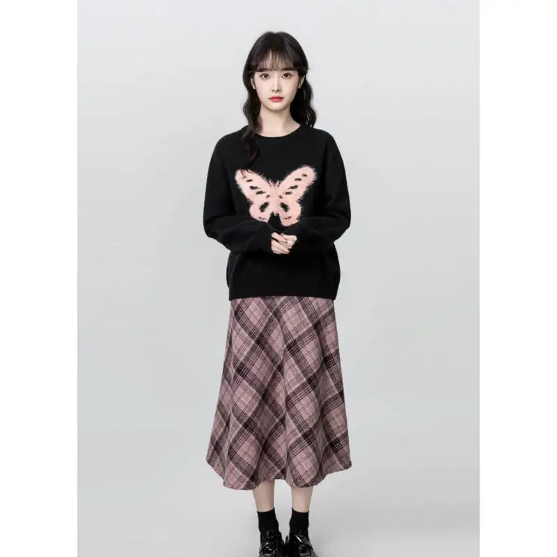 蝶々モチーフ クルーネック 長袖 ブラック ニットセーター