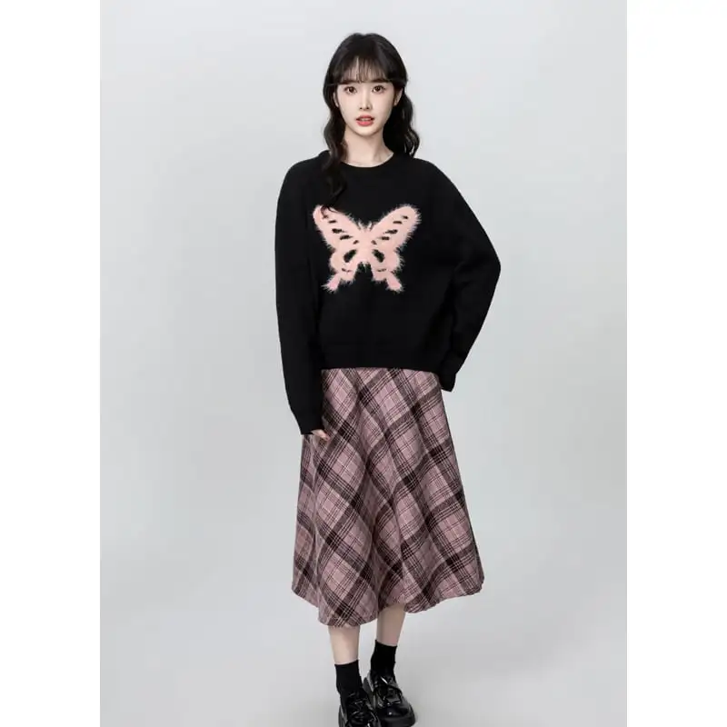 蝶々モチーフ クルーネック 長袖 ブラック ニットセーター