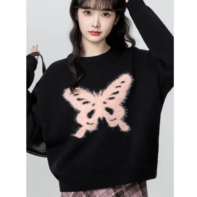 蝶々モチーフ クルーネック 長袖 ブラック ニットセーター