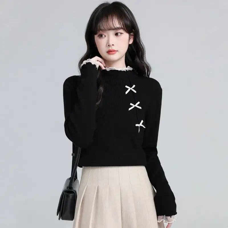 トップス レース 薄手 ニット クルーネック ブラック