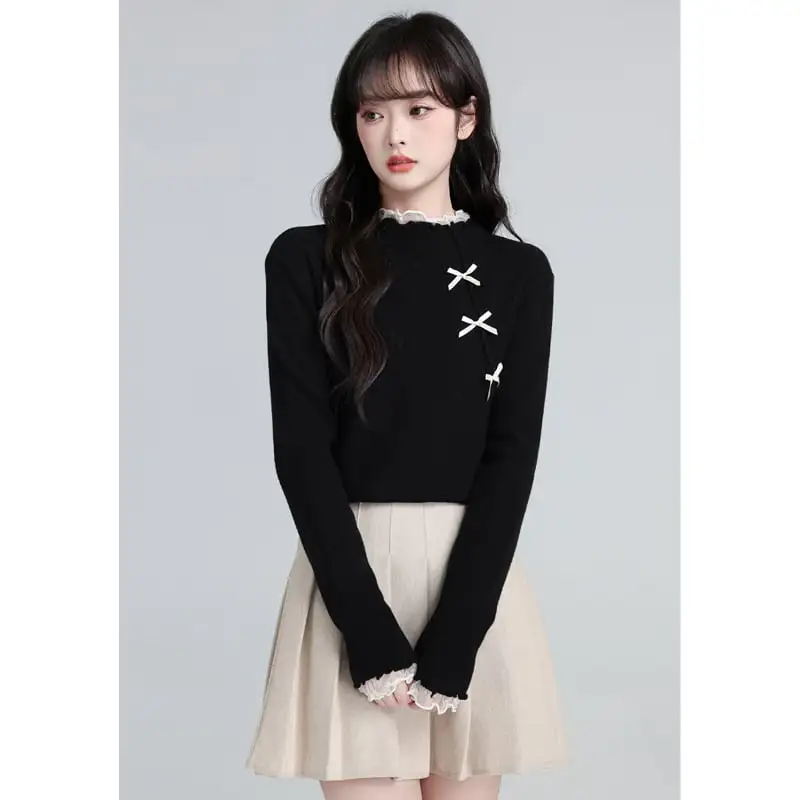 トップス レース 薄手 ニット クルーネック ブラック