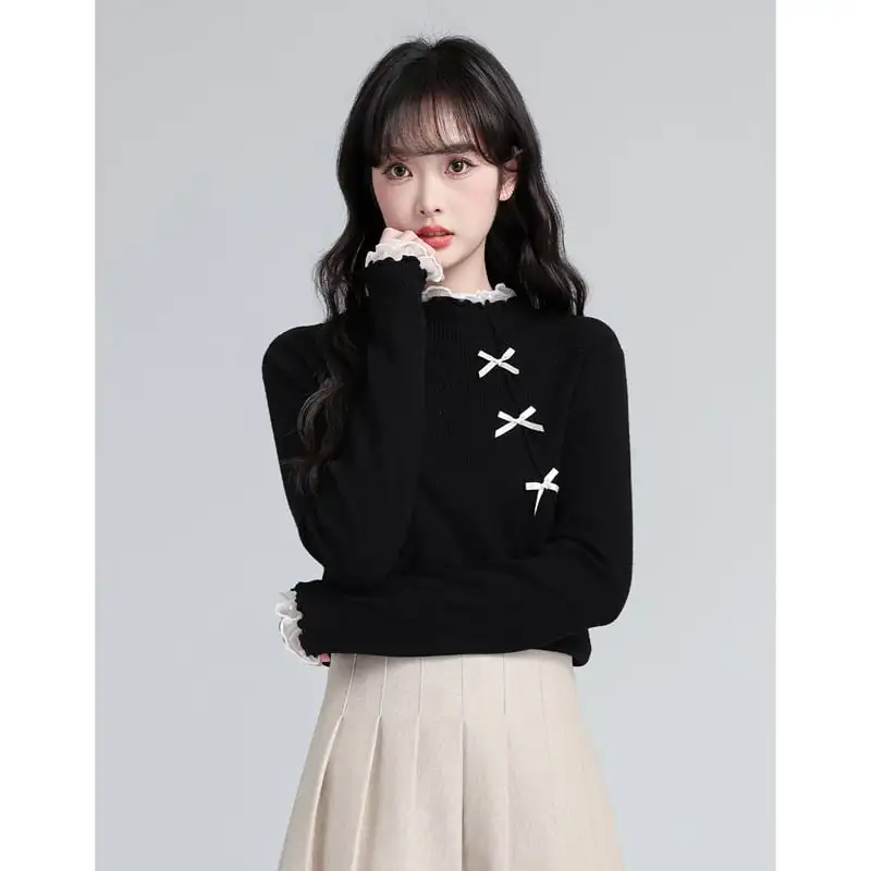 トップス レース 薄手 ニット クルーネック ブラック