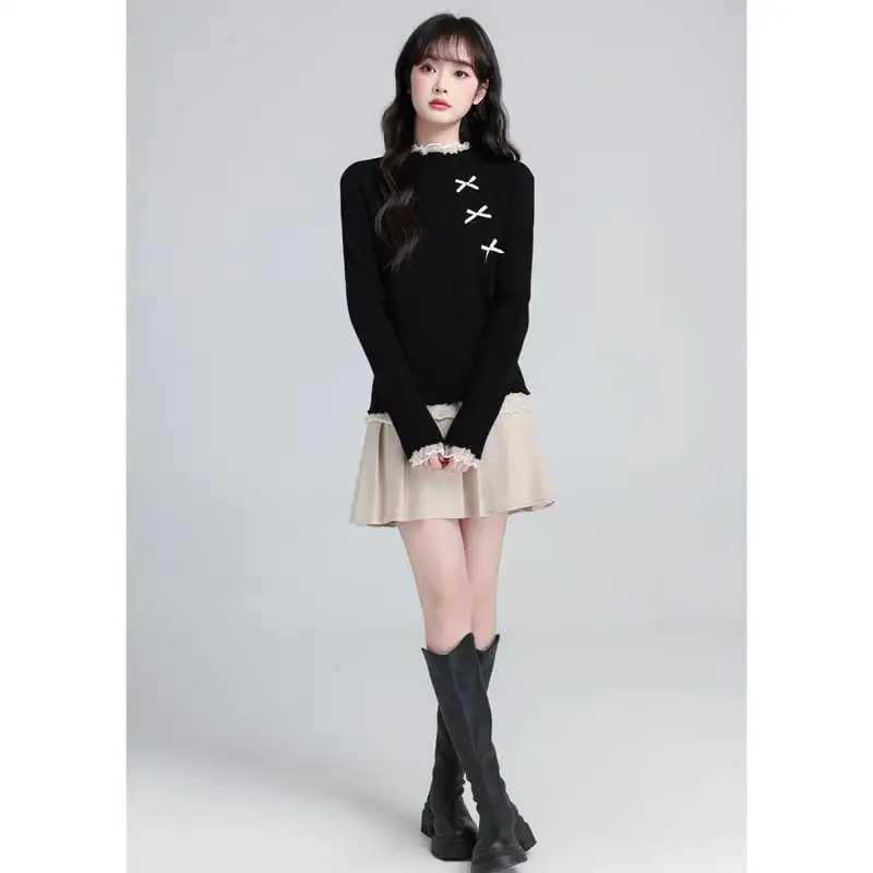 トップス レース 薄手 ニット クルーネック ブラック