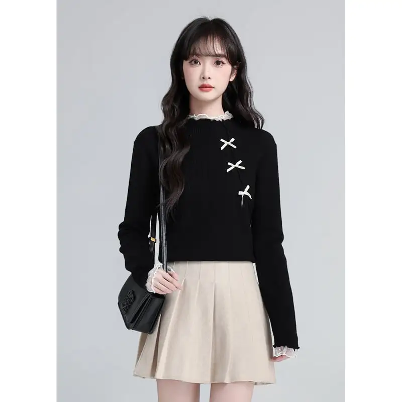 トップス レース 薄手 ニット クルーネック ブラック