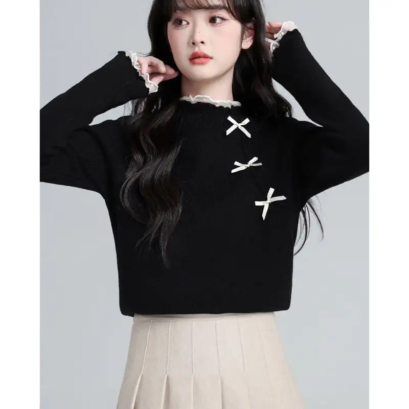 トップス レース 薄手 ニット クルーネック ブラック