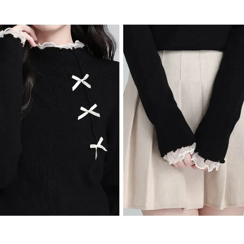 トップス レース 薄手 ニット クルーネック ブラック