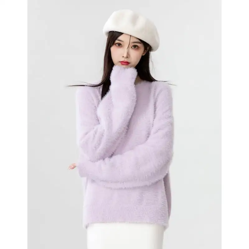 トップス モヘア 無地 ラウンドネック ライトパープル