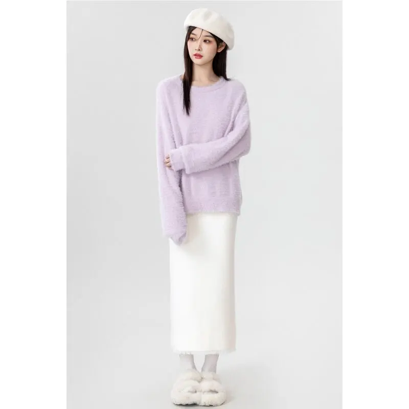 トップス モヘア 無地 ラウンドネック ライトパープル