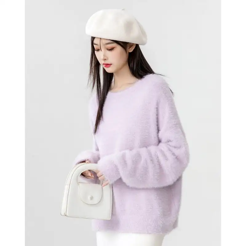 トップス モヘア 無地 ラウンドネック ライトパープル