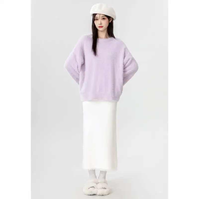 トップス モヘア 無地 ラウンドネック ライトパープル