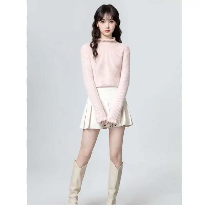 ふわふわ ピンク ハイネックリブ 短め スウィートトップス