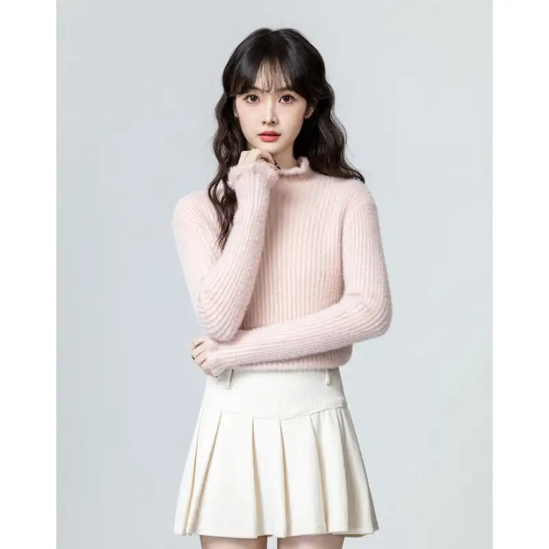 ふわふわ ピンク ハイネックリブ 短め スウィートトップス