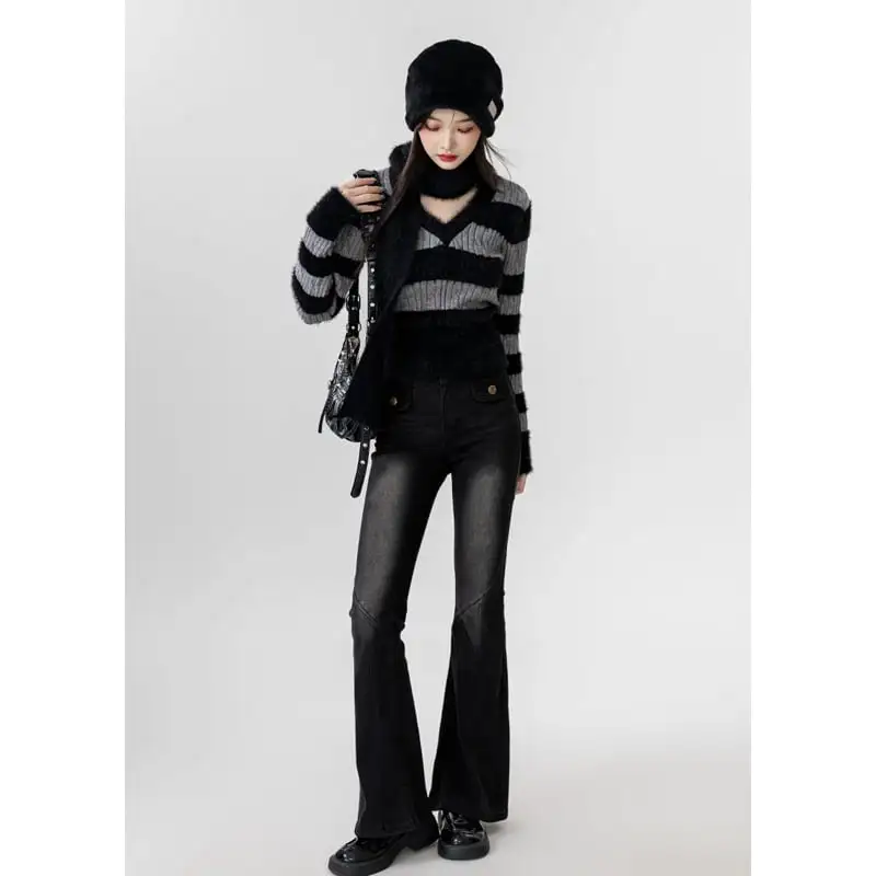 Vネック モヘア 短めシルエット タートル付き ニットセーター