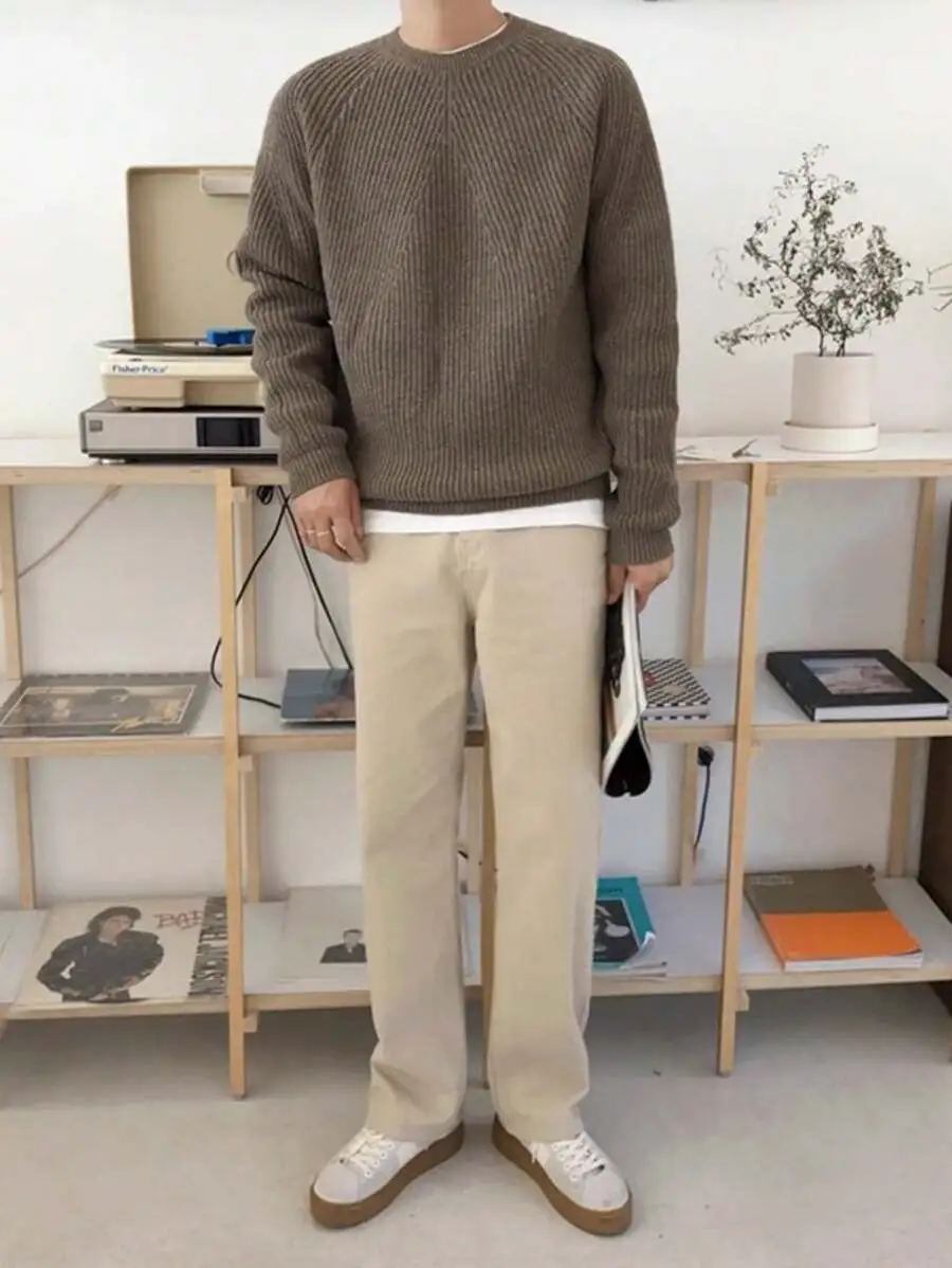 オーバーサイズ 無地 カジュアル クルーネック ニット セーター