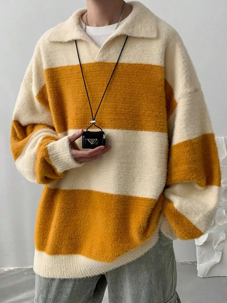 メンズ ビッグシルエット ボーダー柄 折り襟 長袖 トップス ニット カジュアル 柔らかい セーター