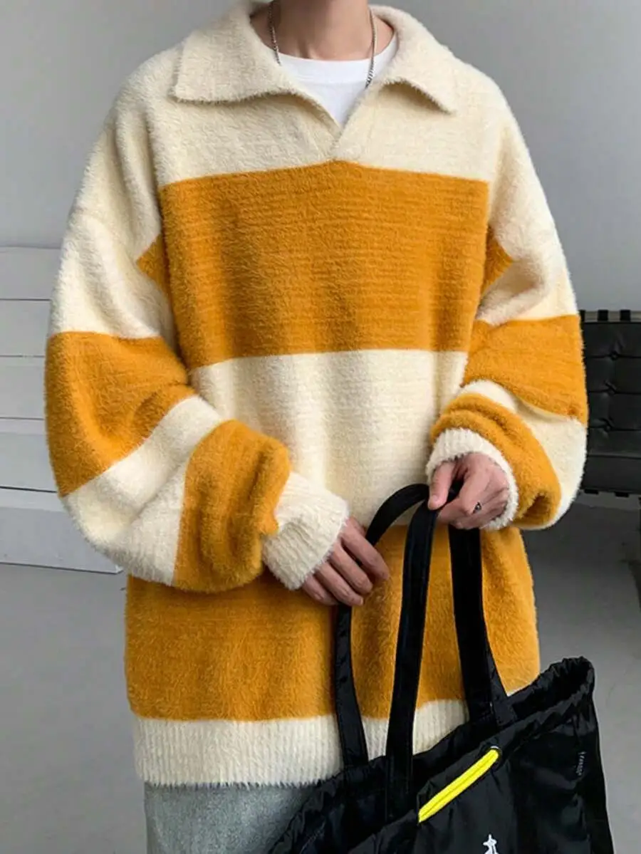 メンズ ビッグシルエット ボーダー柄 折り襟 長袖 トップス ニット カジュアル 柔らかい セーター