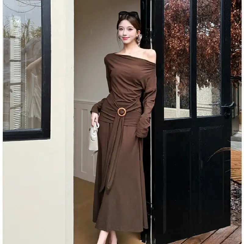 3colors 2点セット オフショルダー トップス+ハイウエスト スカート