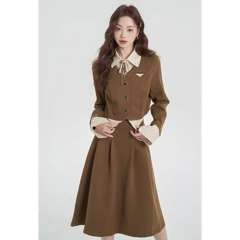 セットアップ トップス+スカート シャツネック ストライプ柄 ブラウン