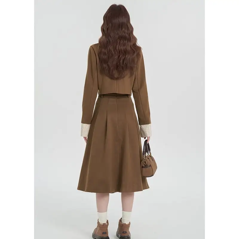 セットアップ トップス+スカート シャツネック ストライプ柄 ブラウン