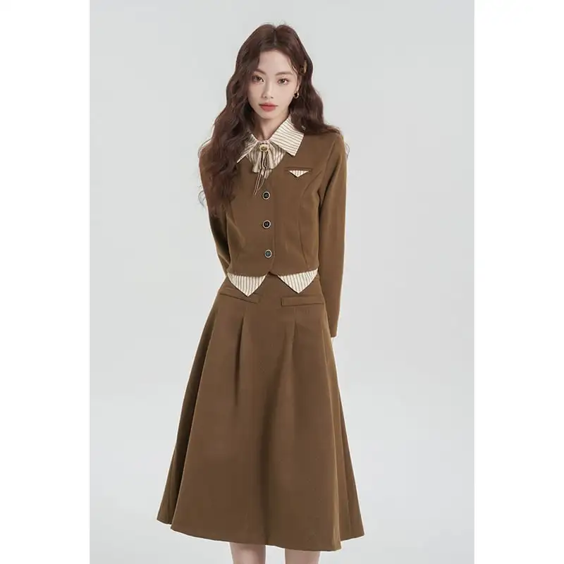 セットアップ トップス+スカート シャツネック ストライプ柄 ブラウン