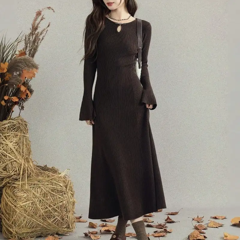 ニットワンピース スリムフィット 細見え ロング丈 インナーワンピ コーヒー色