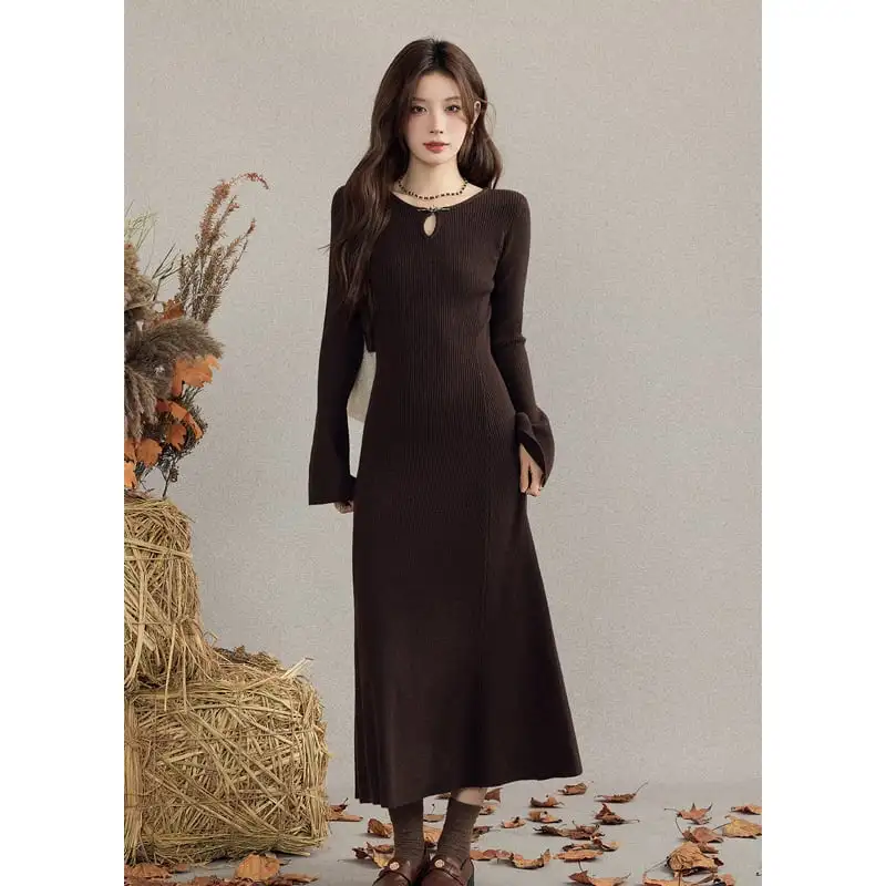 ニットワンピース スリムフィット 細見え ロング丈 インナーワンピ コーヒー色