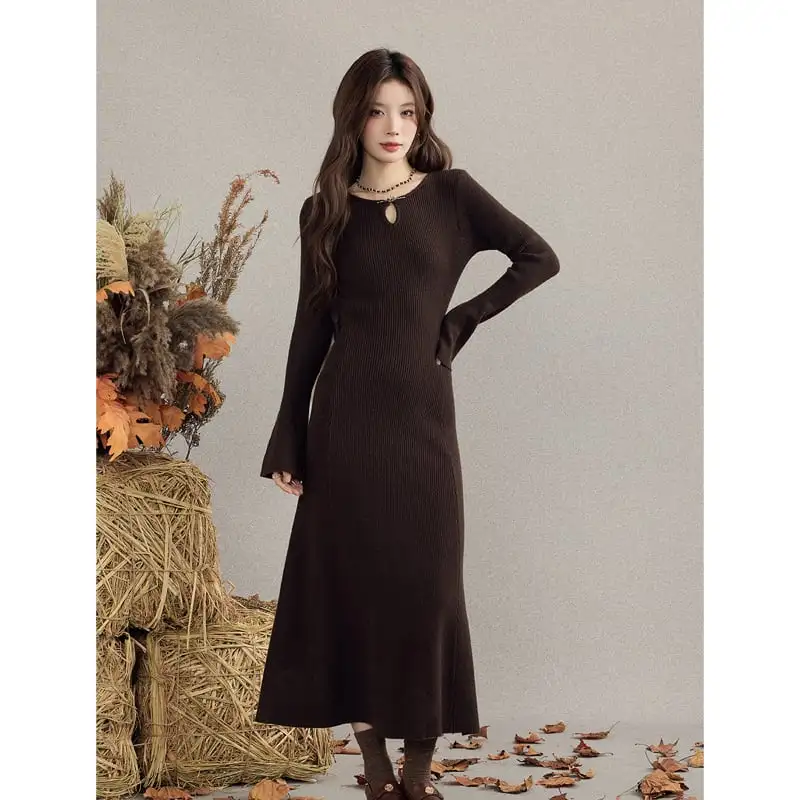 ニットワンピース スリムフィット 細見え ロング丈 インナーワンピ コーヒー色
