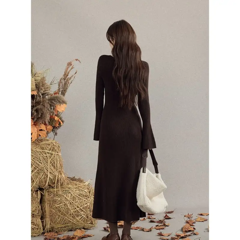 ニットワンピース スリムフィット 細見え ロング丈 インナーワンピ コーヒー色