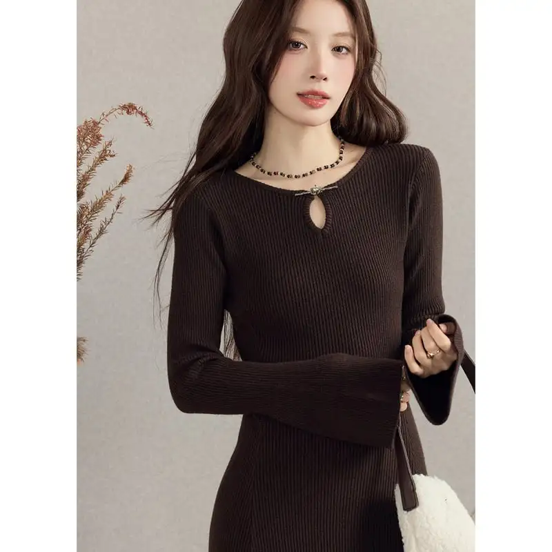 ニットワンピース スリムフィット 細見え ロング丈 インナーワンピ コーヒー色