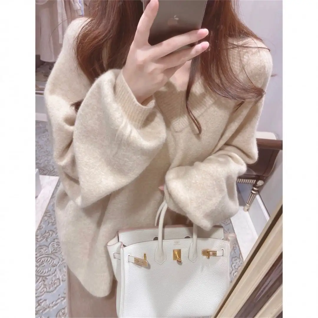 4colors トップス 大人ゆるめ Vネック プルオーバーニット 無地