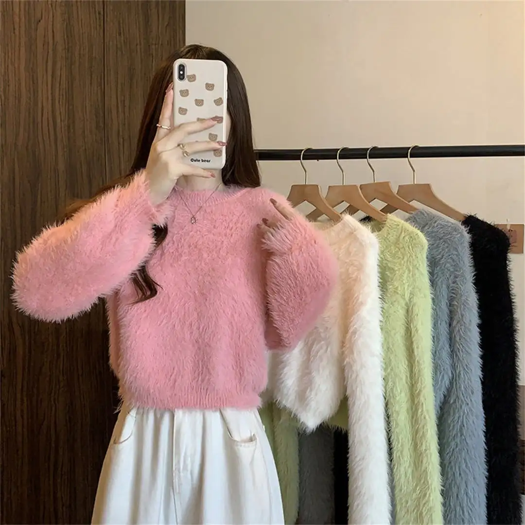 5colors トップス 韓国風 甘系 ショートニット ふわふわ肌触り