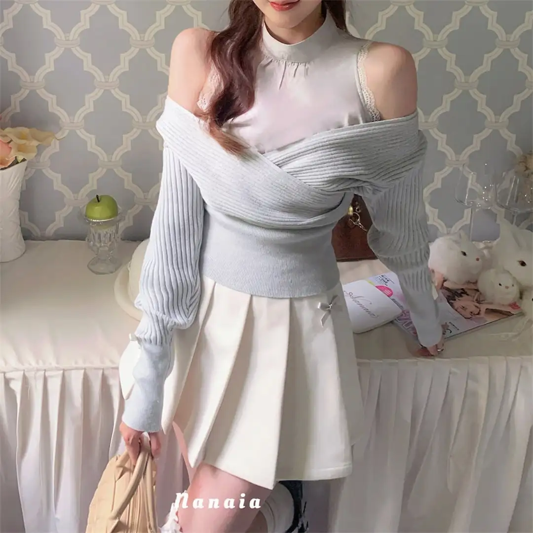 セットアップ 可愛い レースオフショルダー 重ね着風ニットトップス＆スカート