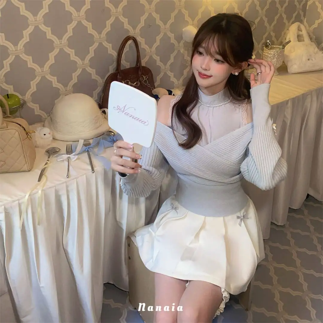 セットアップ 可愛い レースオフショルダー 重ね着風ニットトップス＆スカート