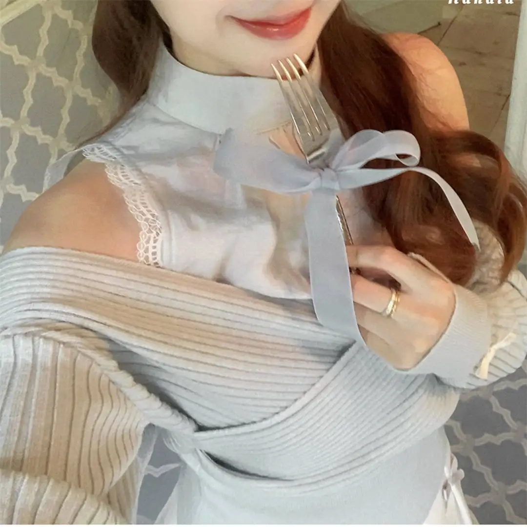 セットアップ 可愛い レースオフショルダー 重ね着風ニットトップス＆スカート