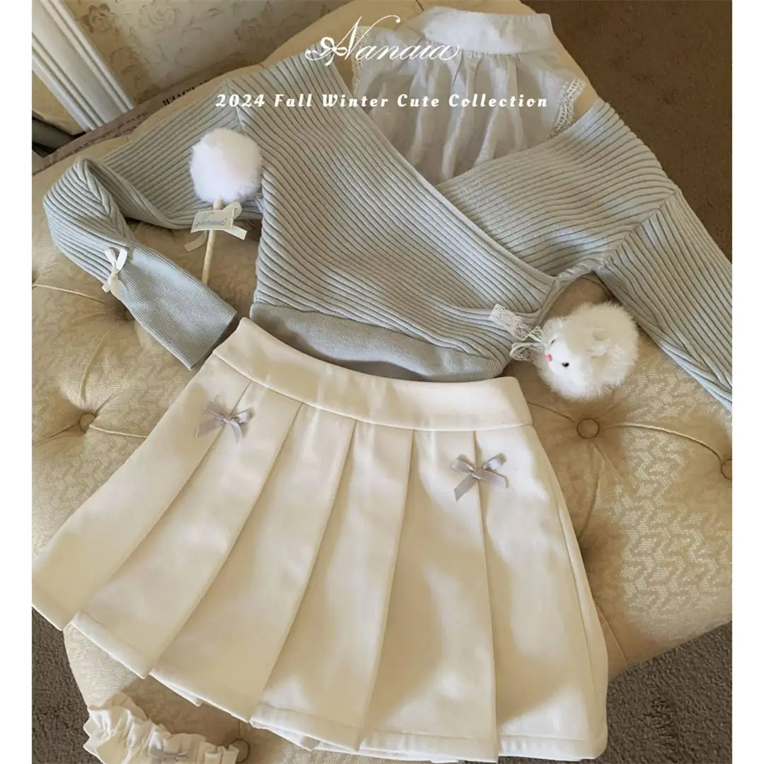 セットアップ 可愛い レースオフショルダー 重ね着風ニットトップス＆スカート