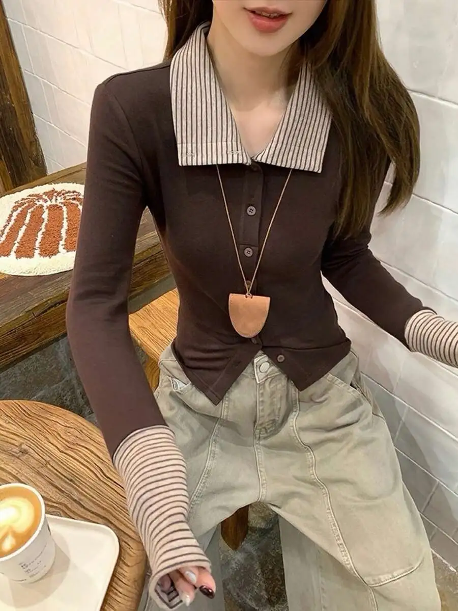 ストライプ パッチワーク フィット ブラウス 襟付き 長袖 Tシャツ